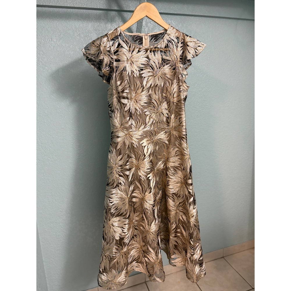 Antonio Melani Gold Floral Embroidered Sequin Flutter Sleeve Cocktail Dress 4‎